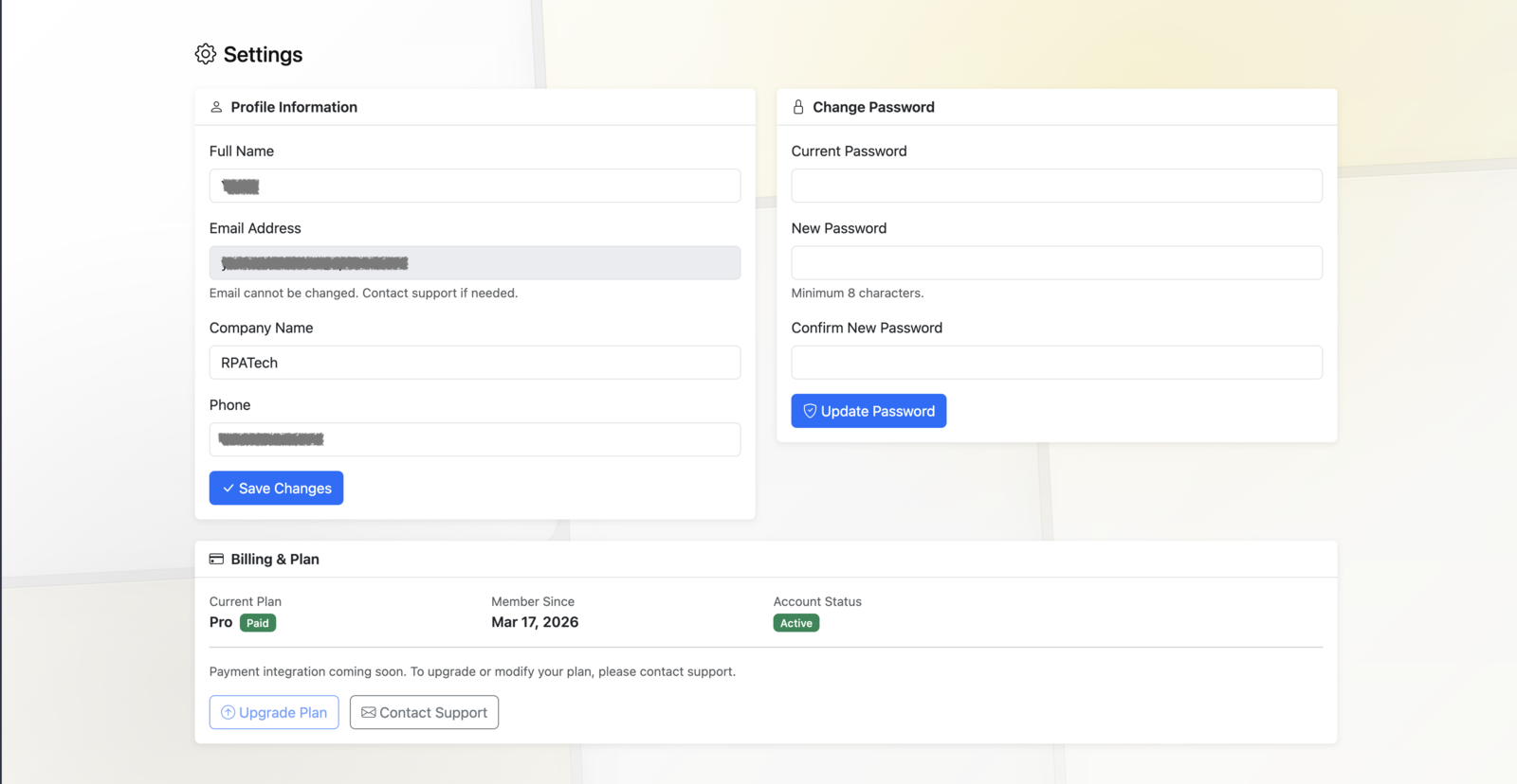 The Settings page